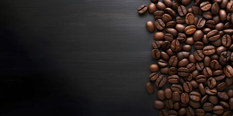 Coffee beans on black wooden background. Top view with copy space