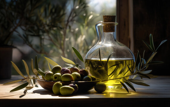 bottle of olive oil and olives