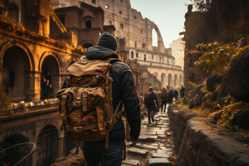 Historic Landmarks. Tourist exploring iconic landmarks, highlighting the desire to go everywhere and witness history. Generative Ai.