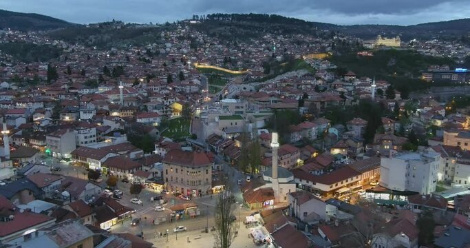 Sarajevo Aerial Zoom Out of the Oldest Neigbhourhoods at Dusk