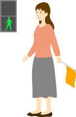 青の歩行者用信号と交通安全の旗を振る女性の全身イラスト