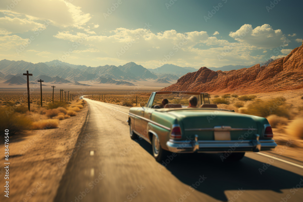 Wall mural road trip freedom. friends driving on an open highway, symbolizing the sense of adventure to go ever