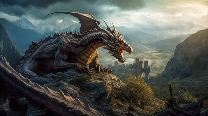 Dragon on the peak of a mountain. Generative AI