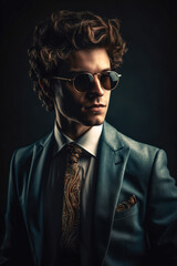 Fototapeta premium Fashionable male model in a trendy suit and sunglasses. AI Generated..