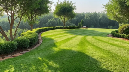 Green carpet grass smooth lawn in garden with row of bush and trees on the background. AI Generated - obrazy, fototapety, plakaty