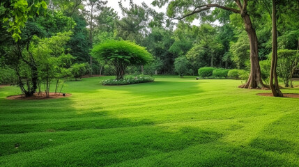 Green carpet grass smooth lawn in garden with row of bush and trees on the background. AI Generated