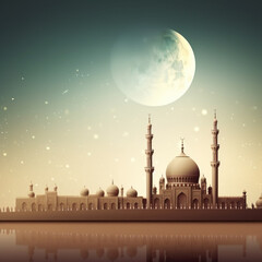 Beautiful Mosque Background at night with moon and stars in the sky
