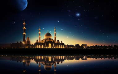 Fototapeta na wymiar Beautiful Mosque Background at night with moon and stars in the sky