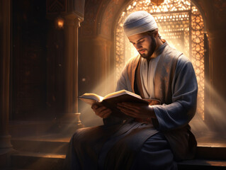 Religious bearded asian muslim man reading quran in Mosque