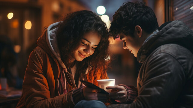 girl and boy looking at mobile phone, teenagers wearing casual clothing watching video on a phone. 