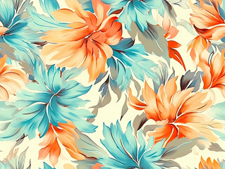 Fototapeta na wymiar Flower pattern with orange and blue flowers on background. Flora summer wallpaper. For banner, postcard, book illustration. Created with generative AI tools