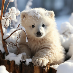 Cute baby polar bear in snow winter,.ai generative