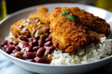 A mouthwatering close-up of a bowl filled with red beans and rice, accompanied by crispy fried...