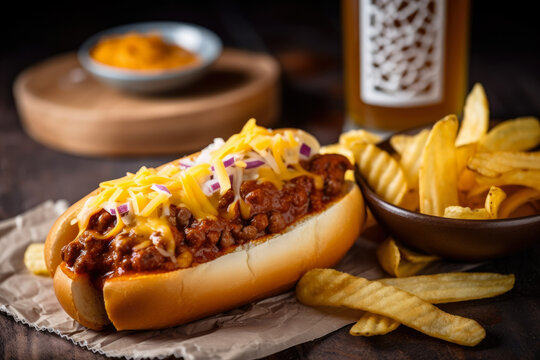 A close-up of chili con carne chili dogs topped with melted cheddar cheese, served alongside crispy french fries and a cold beer