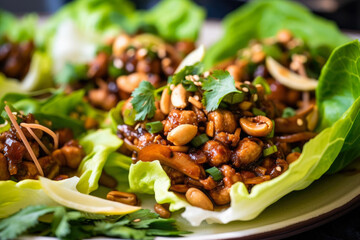 Kung Pao chicken lettuce wraps with savory hoisin sauce, fresh cilantro, and crispy wonton strips - a flavorful and delicious close-up of a traditional Asian dish - obrazy, fototapety, plakaty