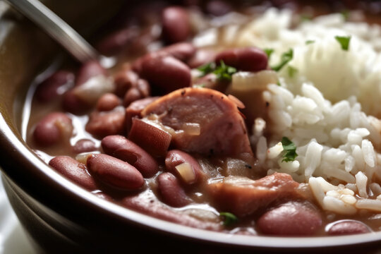 A steaming hot dish of red beans and rice, featuring smoked ham hock and a sprinkle of Cajun seasoning, captured in a close-up photo