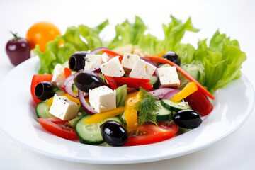 A vibrant Greek Salad featuring Feta Cheese, Olives, and Fresh Vegetables, beautifully presented on a white plate