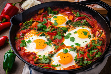 The deep skillet is filled with vibrant vegetables, spices, and a simmering, colorful Shakshuka, creating a visually appealing and flavorful dish