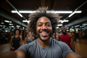 Fitness, exercise fitness gym selfie portrait of male man happy about workout, training motivation, body wellness. Young sports gym athlete smile for blog inspiration and progress post. Generative AI - obrazy, fototapety, plakaty