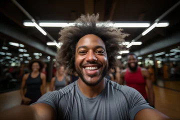 Papier Peint photo autocollant Fitness Fitness, exercise fitness gym selfie portrait of male man happy about workout, training motivation, body wellness. Young sports gym athlete smile for blog inspiration and progress post. Generative AI