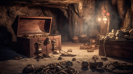 Treausre chest in underground cave. AI Geneated