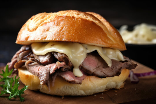 A delicious, juicy roast beef sandwich with melted cheese, caramelized onions, and a soft brioche bun, perfect for a savory lunchtime delight