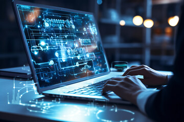 Laptop computer with hologram virtual screen interface. Generic advanced information technology concept.