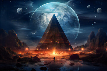 Pyramid surrounded by planets in the night. Esoteric, ancient wisdom and astrology concept.