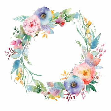 watercolor wreath. Beautiful wreath. Elegant floral collection with isolated blue,pink leaves and flowers, hand drawn watercolor. Design for invitation, wedding or greeting cards