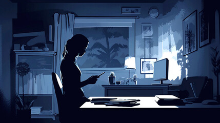 digital illustration of woman looking at her phone in a room  isolation and loneliness