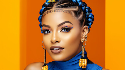 beautiful woman with colorful creative makeup and braided hair yellow and blue