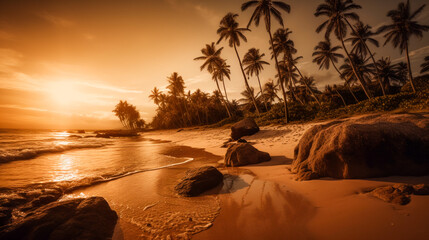 Tropical paradise beach with palm trees at sunset. AI Generated