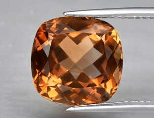 Natural gemstone orange topaz on a gray background. Imperial topaz, champagne topaz