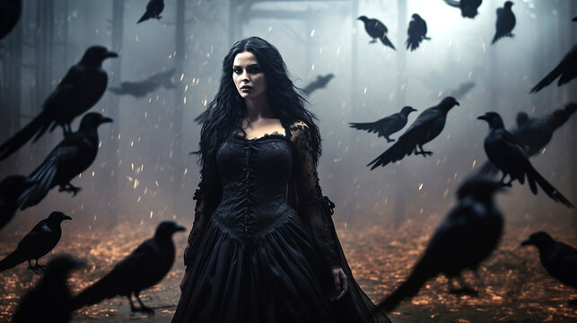mysterious woman in black gothic dress surrounded by ravens