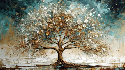 gold and blue abstract winter tree wall art - 638481922