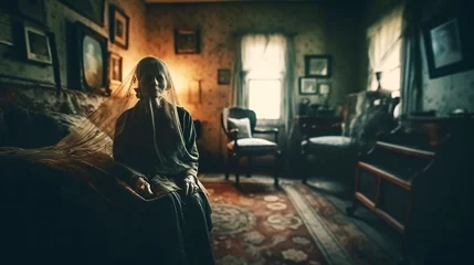 Fotobehang creepy ghost woman in abandoned building Halloween © Melinda Nagy