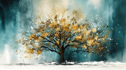 gold and blue abstract winter tree wall art