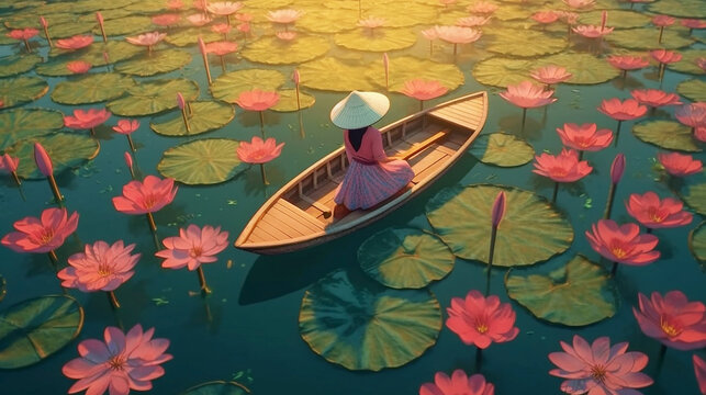 top view of woman with Vietnamese hat rowing a boat among blossoming lotus flowers
