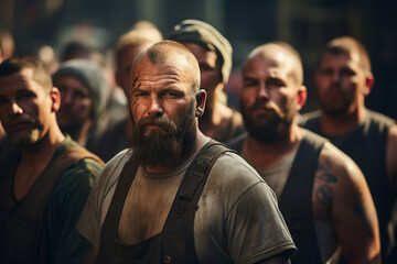 Photography that captures the essence of Labor Day, showing a group of industrial workers in an urban setting