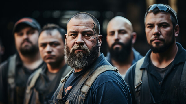 Photography that captures the essence of Labor Day, showing a group of industrial workers in an urban setting