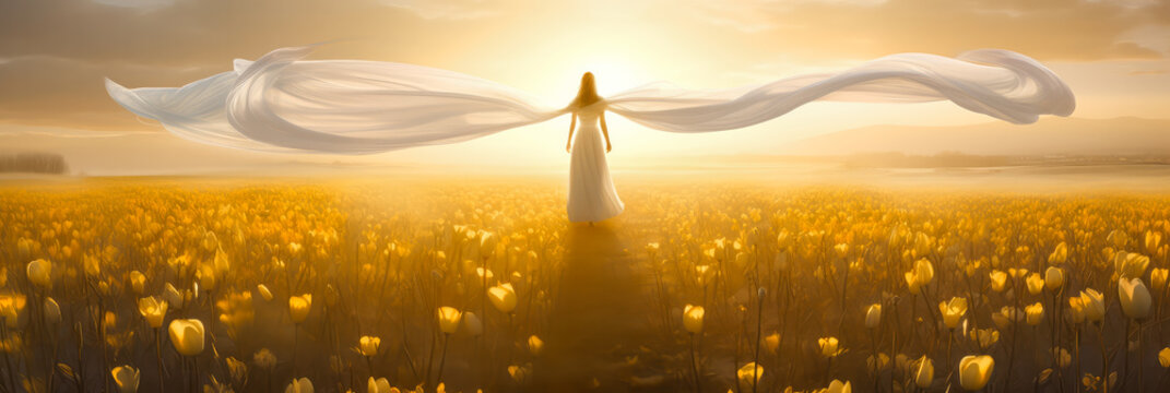 Freu auf einer Wiese Bein Sonnenuntergang. Generiert mit KI