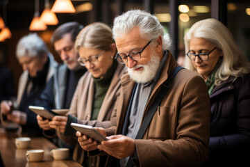 Fototapeta premium Tech Savvy Seniors. Group of seniors using tablets for video calls, embracing technology in senior life. Generative Ai.