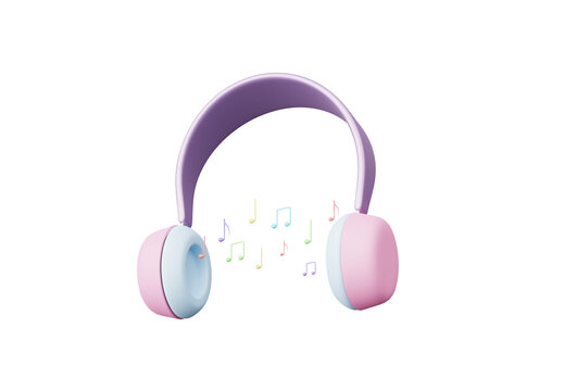 3D render, Minimal pastel Headphone with colorful of musical notes isolated on clean png background, Audio gadget for listening music and song, minimal design concept.