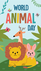 Poster dedicated to World Animal Day in flat style. Informative brochure featuring flat illustrations, promoting awareness on World Animals Day and their protect. Vector illustration.