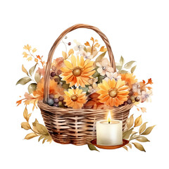 Autumn basket, watercolor, flowers basket illustration