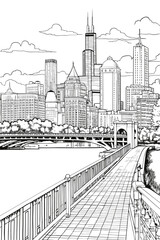 USA United States Chicago cityscape black and white coloring page for adults. US America Illinois bridge, buildings, street, landmarks vector outline sketch for anti stress color book