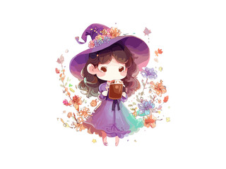 Cute Witch Girl with flowers, Watercolor Halloween Concept, PNG Clipart.	
