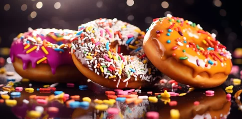 Zelfklevend Fotobehang Tasty colorful sweet donuts photo background © Oksana