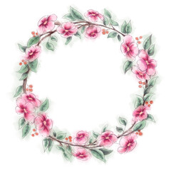 Watercolor hand painted flower wreath. Pink flower wreath