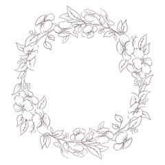 Line drawing of a wreath of flowers.